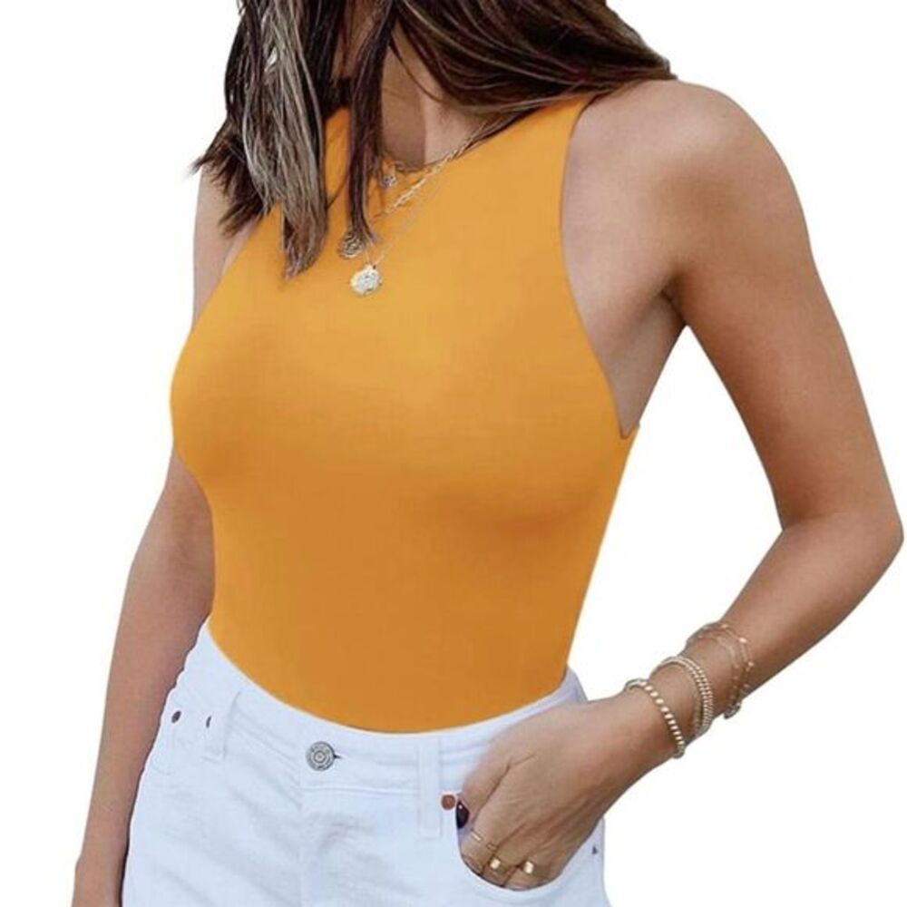 Reoria Women's High Neck Stretch Bodysuit Golden Marigold Yellow Size L